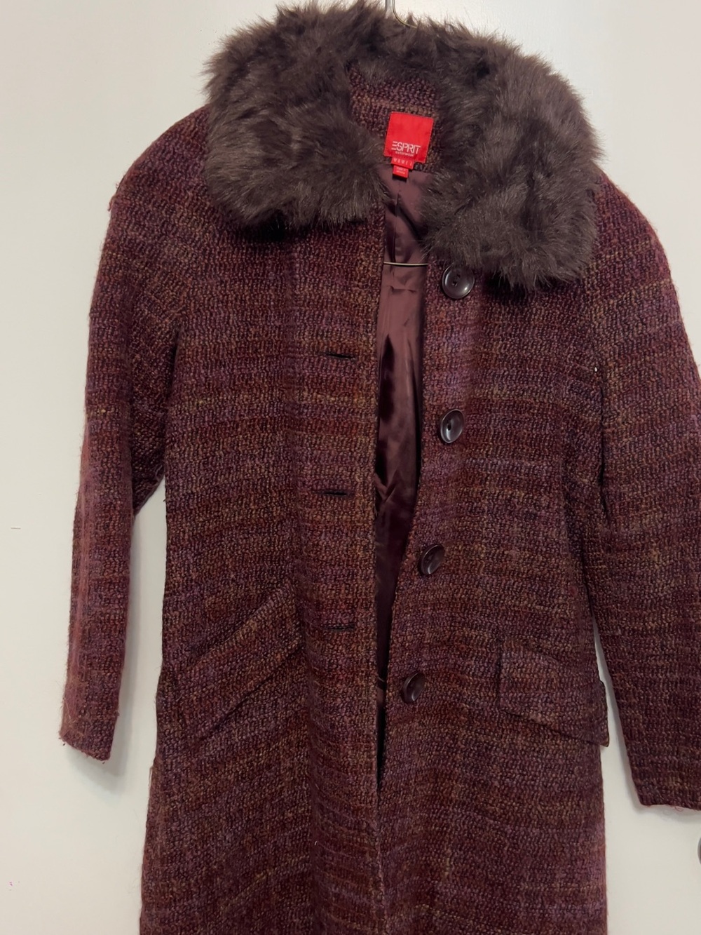 Esprit Plum Tweed Pea Coat with Faux Fur Collar